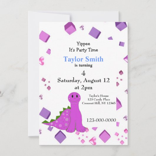 Paarse Dinosaurus Feest Uitnodiging (Voorkant)