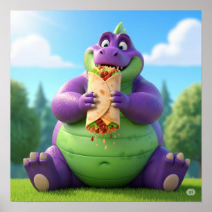 Paarse dinosaurus geniet van een burrito poster