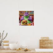 Paarse dinosaurus geniet van een hamburger poster (Keuken)