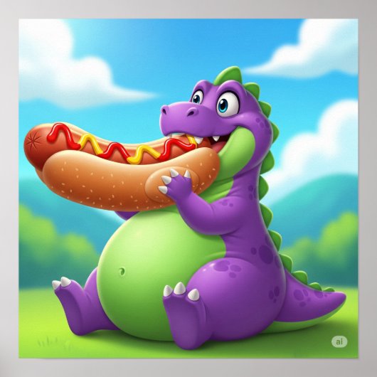Paarse dinosaurus geniet van een hotdog poster (Voorkant)
