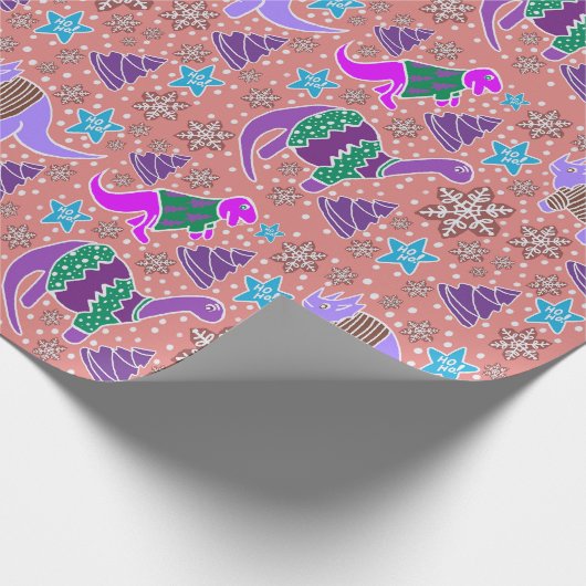 Paarse Dinosaurus Kerst inpakpapier (Hoek)