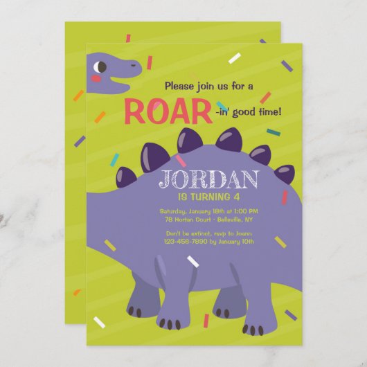 Paarse Dinosaurus Uitnodiging (Voorkant / Achterkant)