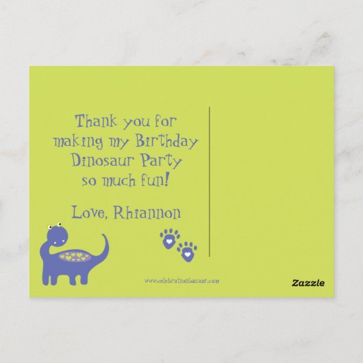 Paarse Dinosaurus Verjaardag met Stippen Bedankt Briefkaart (Achterkant)