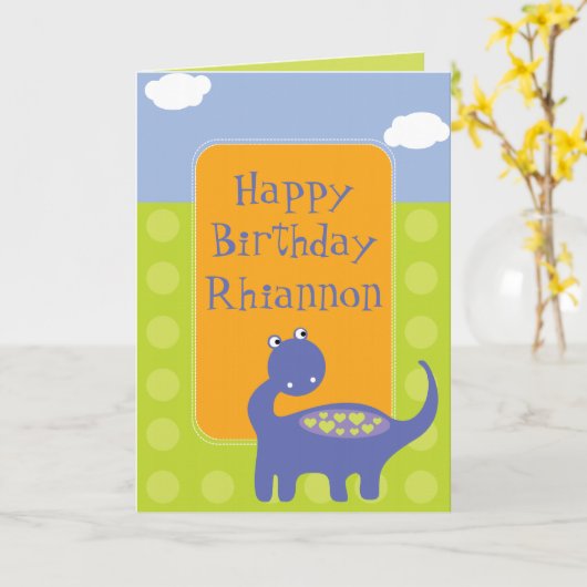 Paarse Dinosaurus Verjaardag met Stippen Kaart (Gele Bloem)