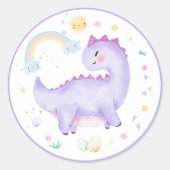 Paarse Dinosaurus Verjaardagsfeest Classic Ronde Sticker (Voorkant)