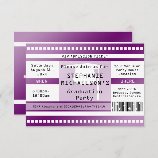 Paarse diploma-uitreiking of feest toegangskaartje kaart (Voorkant / Achterkant)