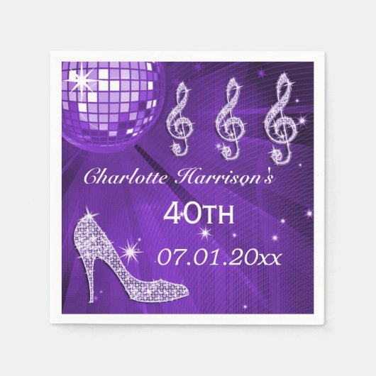 Paarse Disco Bal en Glitter Hakken 40e Servetten (Voorkant)