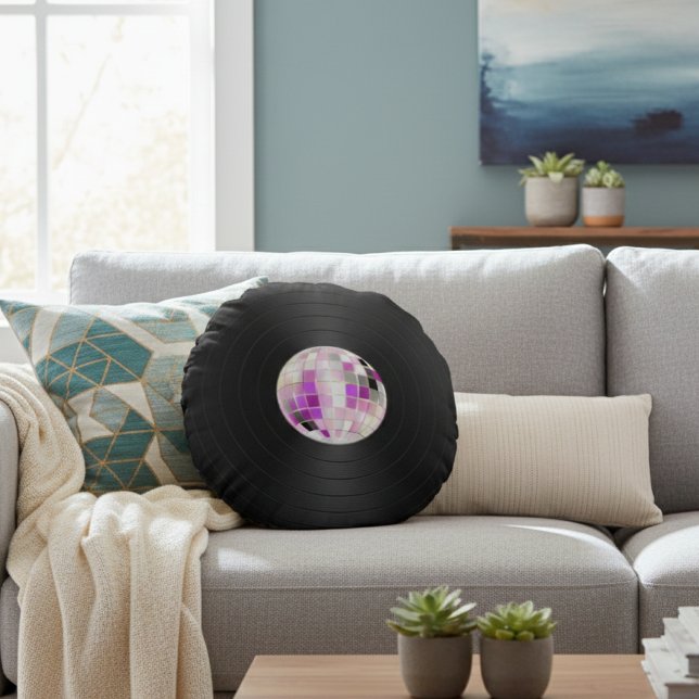 Paarse Disco Bal Vinylplaat Rond Kussen (Creator heeft geüpload)