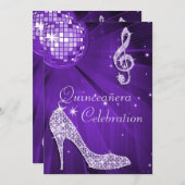 Paarse Disco Ball en Sparkle Heels Quinceañera Kaart (Voorkant / Achterkant)