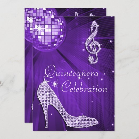 Paarse Disco Ball en Sparkle Heels Quinceañera Kaart (Voorkant / Achterkant)