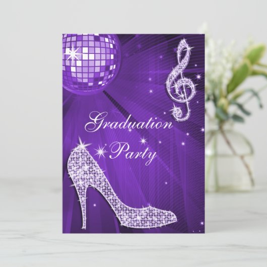 Paarse Disco Ball Sparkle Heels Afstuderen Kaart (Staand voorkant)