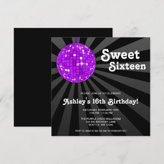 Paarse Disco Ball Sweet 16 Birthday Party Kaart (Voorkant / Achterkant)