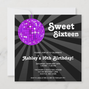 Paarse Disco Ball Sweet 16 Birthday Party Kaart