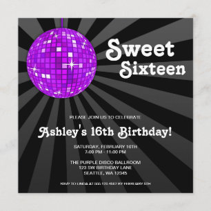 Paarse Disco Ball Sweet 16 Birthday Party Kaart