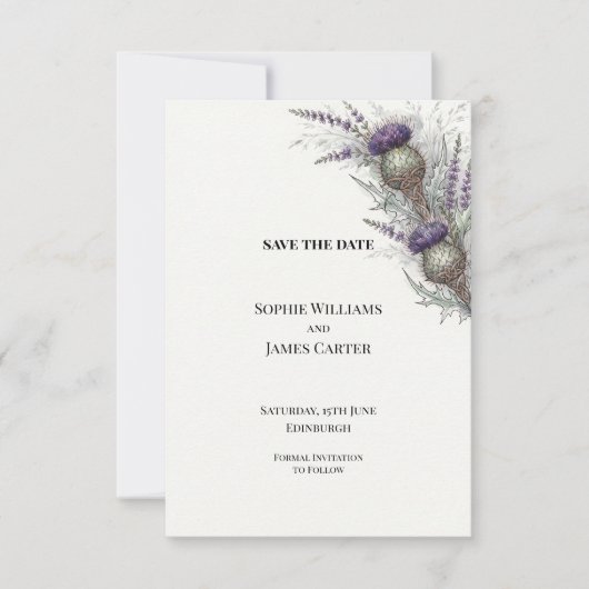 Paarse Distel Heather Schotse Save The Date (Voorkant)