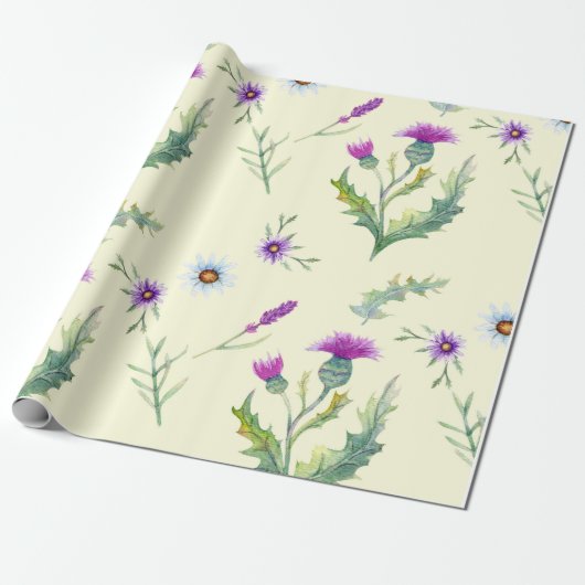  paarse distelbloemen, gele achtergrond cadeaupapier (Uitgerold)