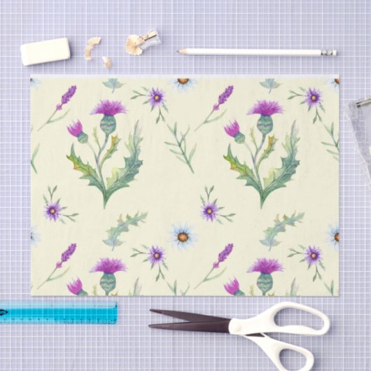 paarse distelbloemen, gele achtergrond tissuepapier (Craft)