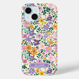 Paarse Ditsy Bloemen Met Initialen iPhone 15 Case
