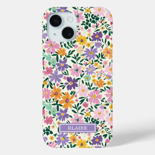 Paarse Ditsy Bloemen Met Initialen Case-Mate iPhone Case (Achterkant)