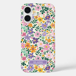 Paarse Ditsy Bloemen Monogram iPhone 16 Hoesje