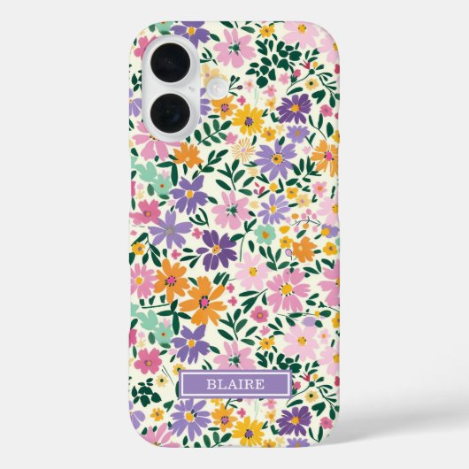 Paarse Ditsy Bloemen Monogram Case-Mate iPhone Case (Achterkant)