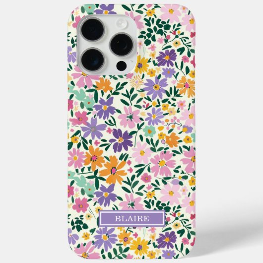 Paarse Ditsy Bloemen Monogram Case-Mate iPhone Case (Achterkant)