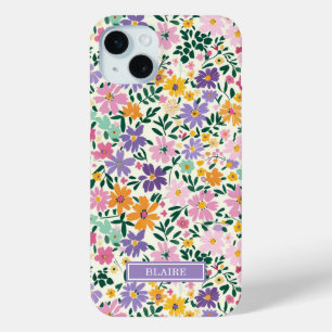 Paarse Ditsy Bloemen Monogram iPhone 15 Mini Hoesje