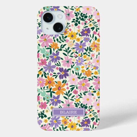 Paarse Ditsy Bloemen Monogram Case-Mate iPhone Case (Achterkant)