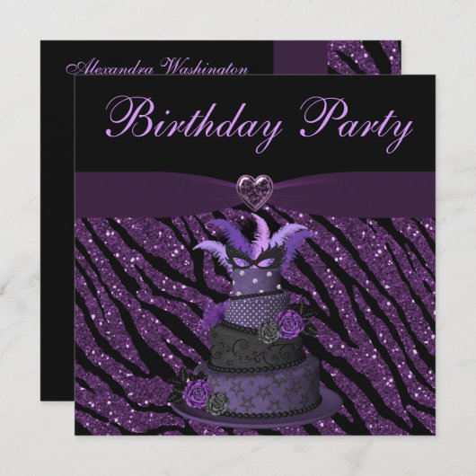 Paarse diva Cake & Printed Zebra Glitter Birthday Kaart (Voorkant / Achterkant)