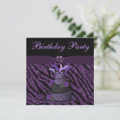 Paarse diva Cake & Printed Zebra Glitter Birthday Kaart (Staand voorkant)