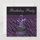 Paarse diva Cake & Printed Zebra Glitter Birthday Kaart (Voorkant)
