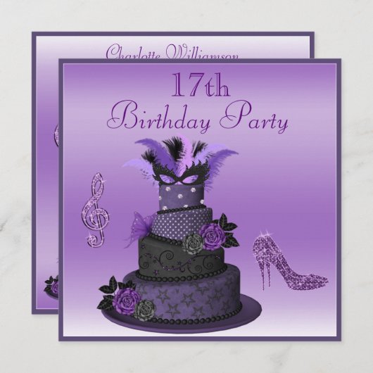 Paarse diva Cake, Sparkle High Heels 17th Birthday Kaart (Voorkant / Achterkant)