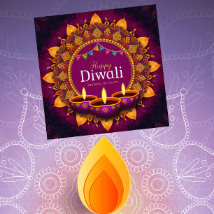 Paarse Diya Kleurrijke Mandala Happy Diwali Feestdagenkaart