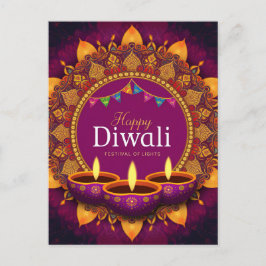  Paarse Diya Kleurrijke Mandala Happy Diwali Feestdagenkaart