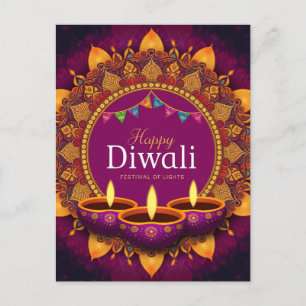 Paarse Diya Kleurrijke Mandala Happy Diwali Feestdagenkaart
