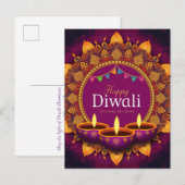  Paarse Diya Kleurrijke Mandala Happy Diwali Feestdagenkaart (Voorkant / Achterkant)