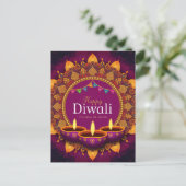  Paarse Diya Kleurrijke Mandala Happy Diwali Feestdagenkaart (Staand voorkant)