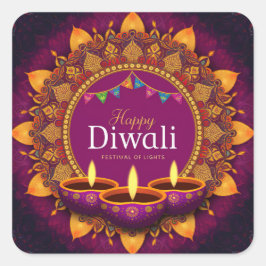  Paarse Diya Kleurrijke Mandala Happy Diwali Vierkante Sticker