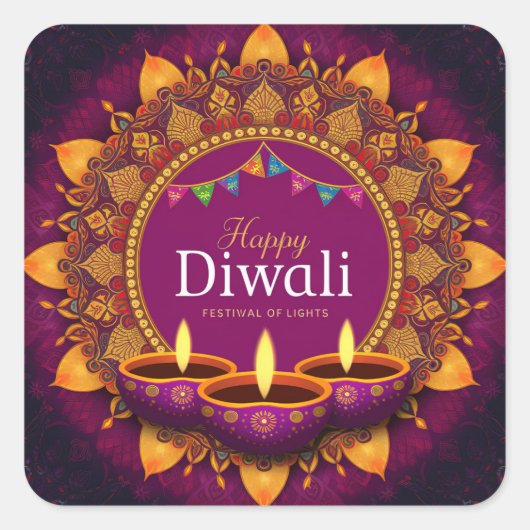 Paarse Diya Kleurrijke Mandala Happy Diwali Vierkante Sticker (Voorkant)