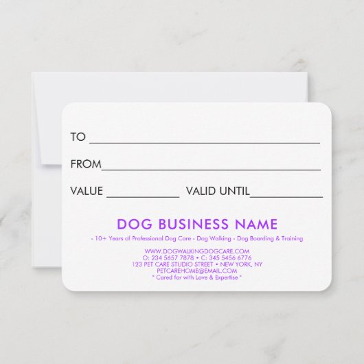 Paarse Dog Grooming Pet Boarding Gift Certificaat (Achterkant)