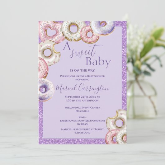 Paarse Donuts Glitter Waterverf Baby shower Kaart (Staand voorkant)