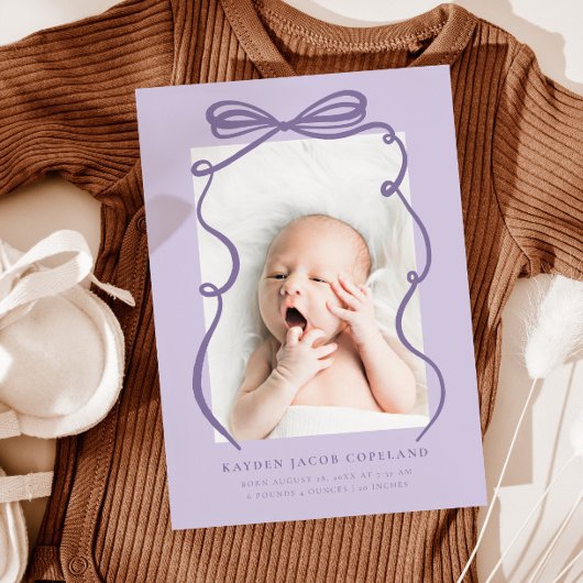 Paarse Doodle Bow Lijst Geboorteaankondiging Foto Aankondiging