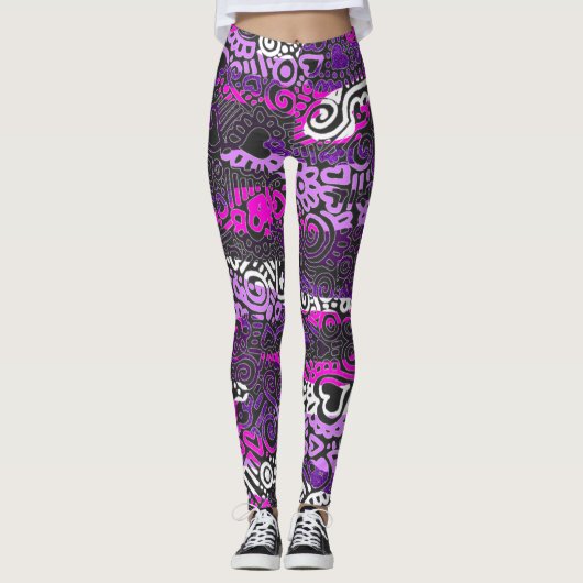 Paarse Doodle Patroon Leggings (Voorkant)