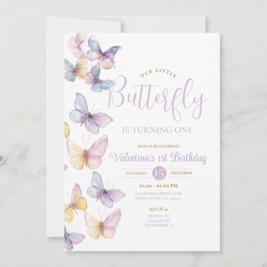 Paarse doorzichtige kleine vlinder draait er een kaart (Voorkant)