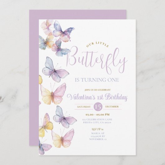 Paarse doorzichtige kleine vlinder draait er een kaart (Voorkant / Achterkant)