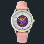 Paarse draak cartoon horloge<br><div class="desc">Ontwerp met illustratie van een schattige paarse en gele drakenmeisje / sprookjesontwerp voor kinderen op een paarse naadloze achtergrond met sterren</div>