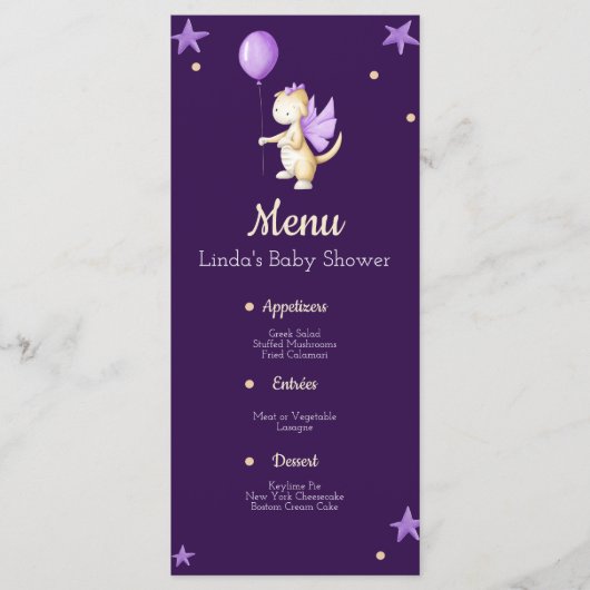 Paarse draak met ballonmeisje Baby shower Menu (Voorkant)