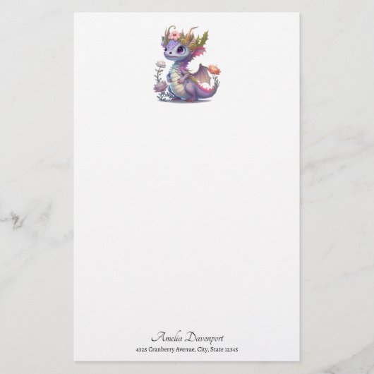 Paarse draak met elegante kroon briefpapier (Voorkant)