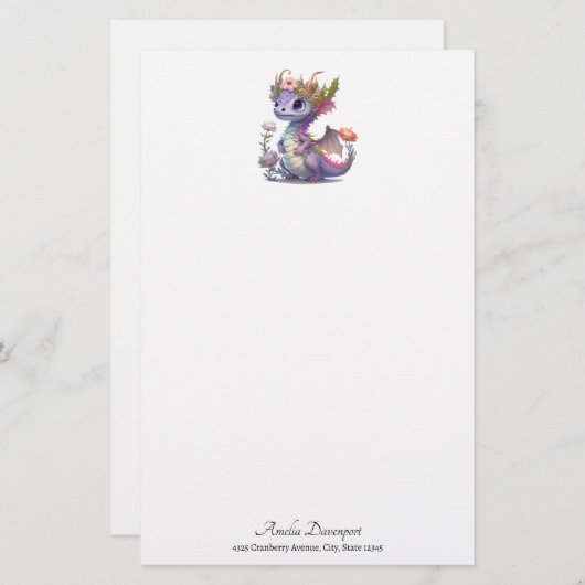 Paarse draak met elegante kroon briefpapier (Voorkant / Achterkant)