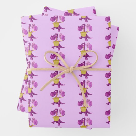 Paarse draak met snijtaart en ballonnen inpakpapier vel (In situ)